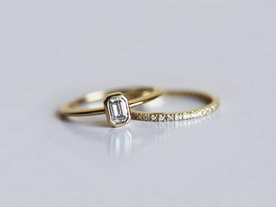 Emerald-Cut White Diamond Ring with Pave Diamond Ring Eternity Band