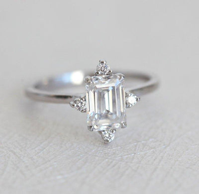 Emerald-Cut White Diamond Wedding Ring with side White Round Diamonds