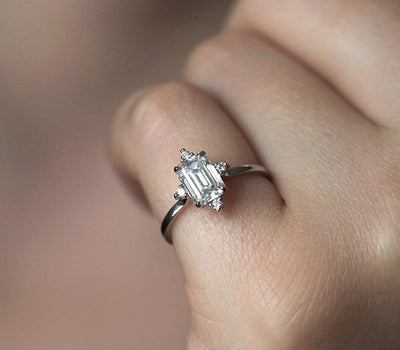 Emerald-Cut White Diamond Wedding Ring with side White Round Diamonds