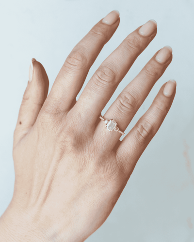 Emerald-Cut White Diamond Half Pave Ring with 2 Accent Round White Diamonds