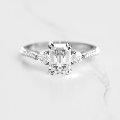Emerald-Cut White Diamond Half Pave Ring with 2 Accent Round White Diamonds