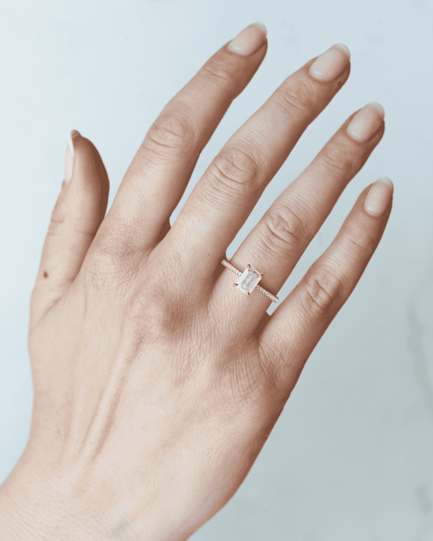Emerald-Cut Tapered White Diamond Half Pave Ring