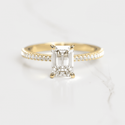 Emerald-Cut Tapered White Diamond Half Pave Ring