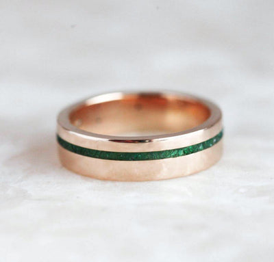 Crushed Genuine Emerald Inlay Rose Gold Wedding Band