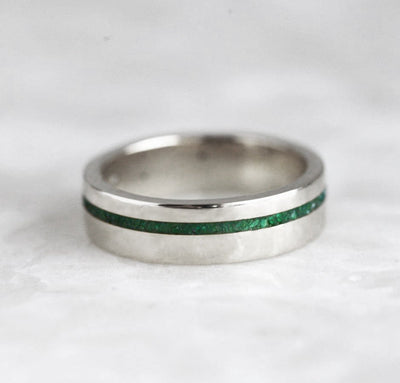 Crushed Genuine Emerald Inlay White Gold Wedding Band