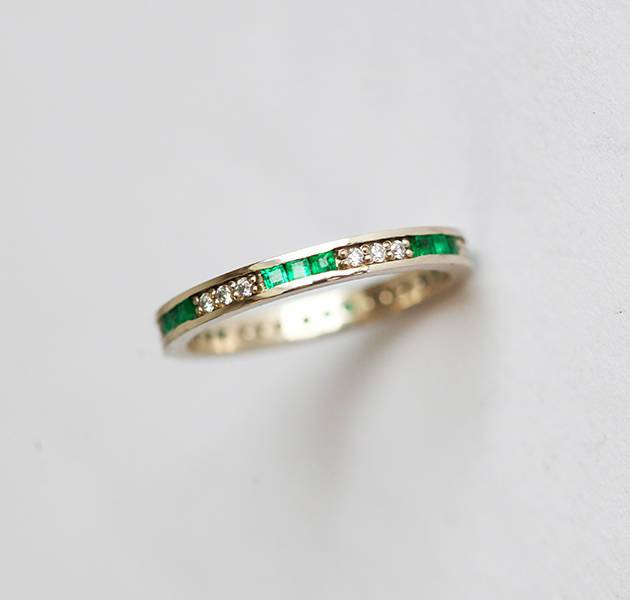 Channel Set Emerald and White Diamond Wedding Band