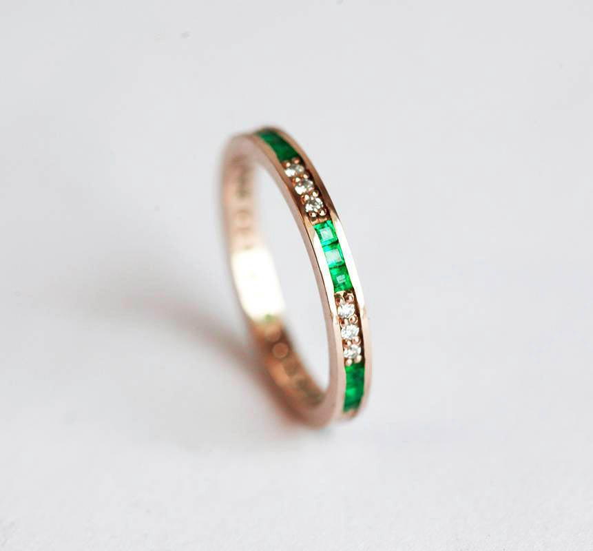 Channel Set Emerald and White Diamond Wedding Band