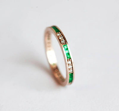 Channel Set Emerald and White Diamond Wedding Band