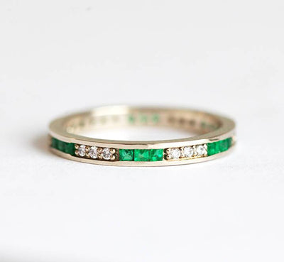 Channel Set Emerald and White Diamond Wedding Band