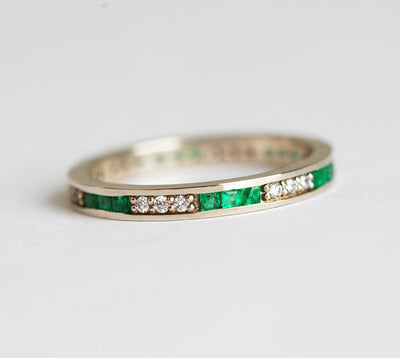 Channel Set Emerald and White Diamond Wedding Band