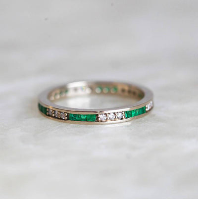 Channel Set Emerald and White Diamond Wedding Band