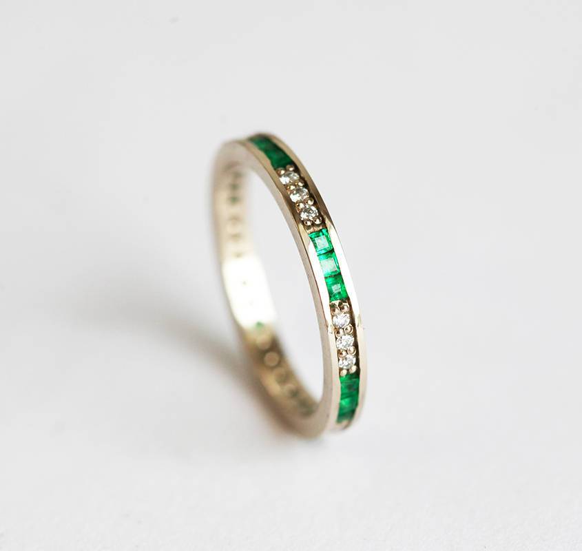 Channel Set Emerald and White Diamond Wedding Band