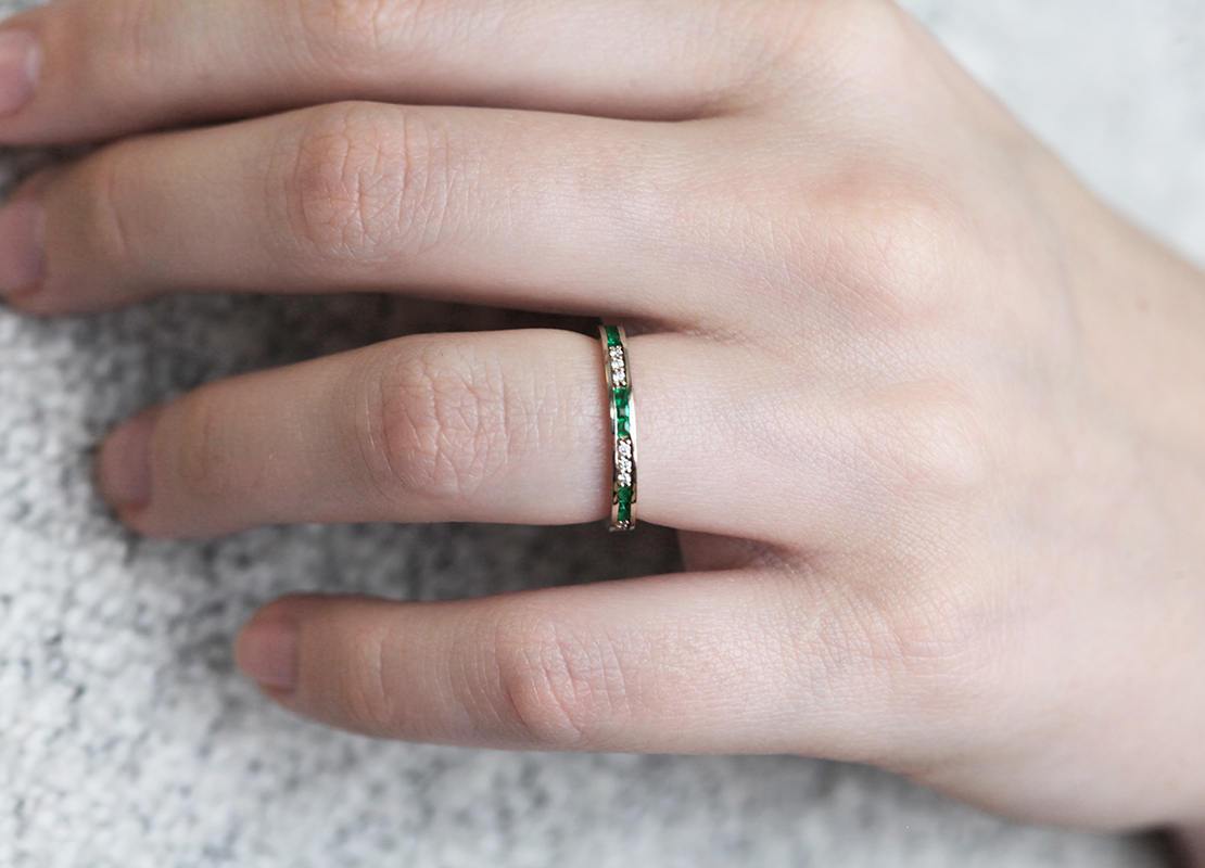 Channel Set Emerald and White Diamond Wedding Band