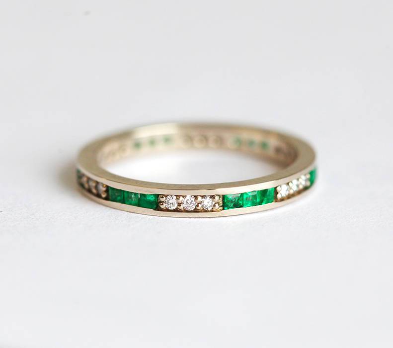 Channel Set Emerald and White Diamond Wedding Band