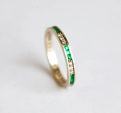 Channel Set Emerald and White Diamond Wedding Band