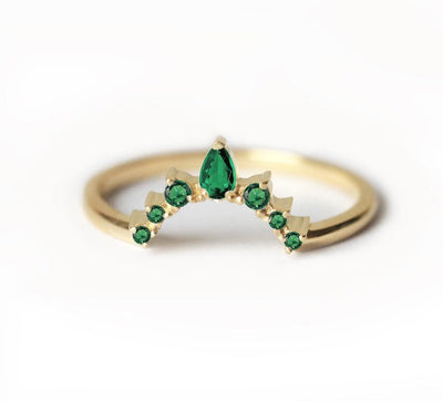 Pear Green Emerald Wedding Band with Side Round Emeralds
