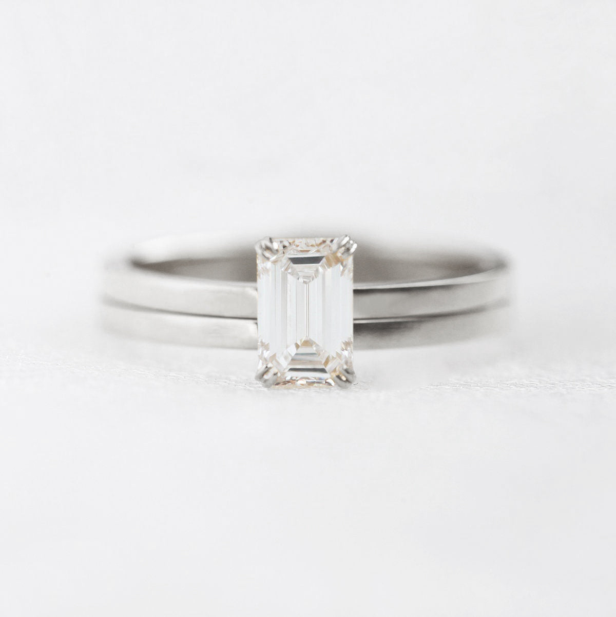 Emerald-Cut White Diamond Solitaire Engagement Ring Set