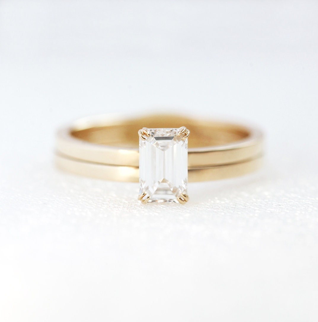 Emerald-Cut White Diamond Solitaire Engagement Ring Set