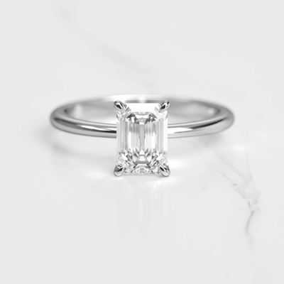 Emerald-Cut Tapered White Diamond Solitaire Ring