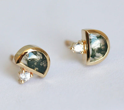 Half moon green moss agate and round white sapphire stud earrings