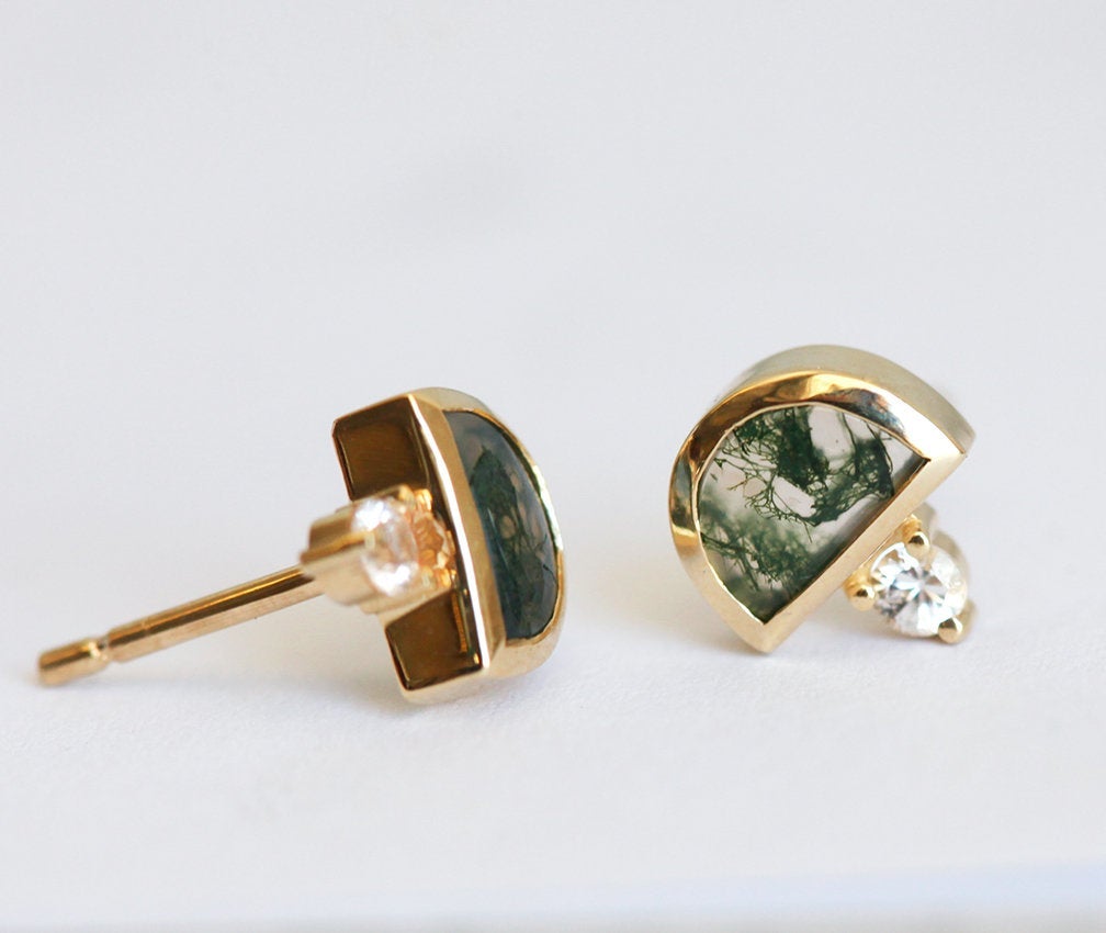 Half moon green moss agate and round white sapphire stud earrings