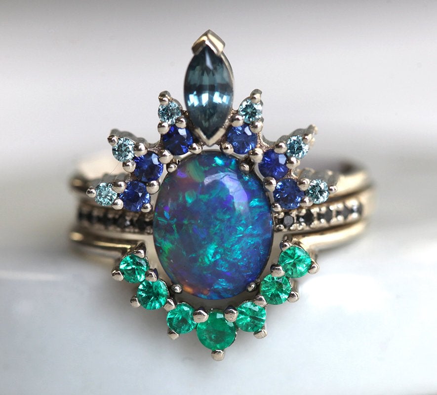 Black Lagoon Oval Opal Engagement Ring Set with Black and White Diamonds, Tourmaline, Emerald and Sapphire Gemstones 