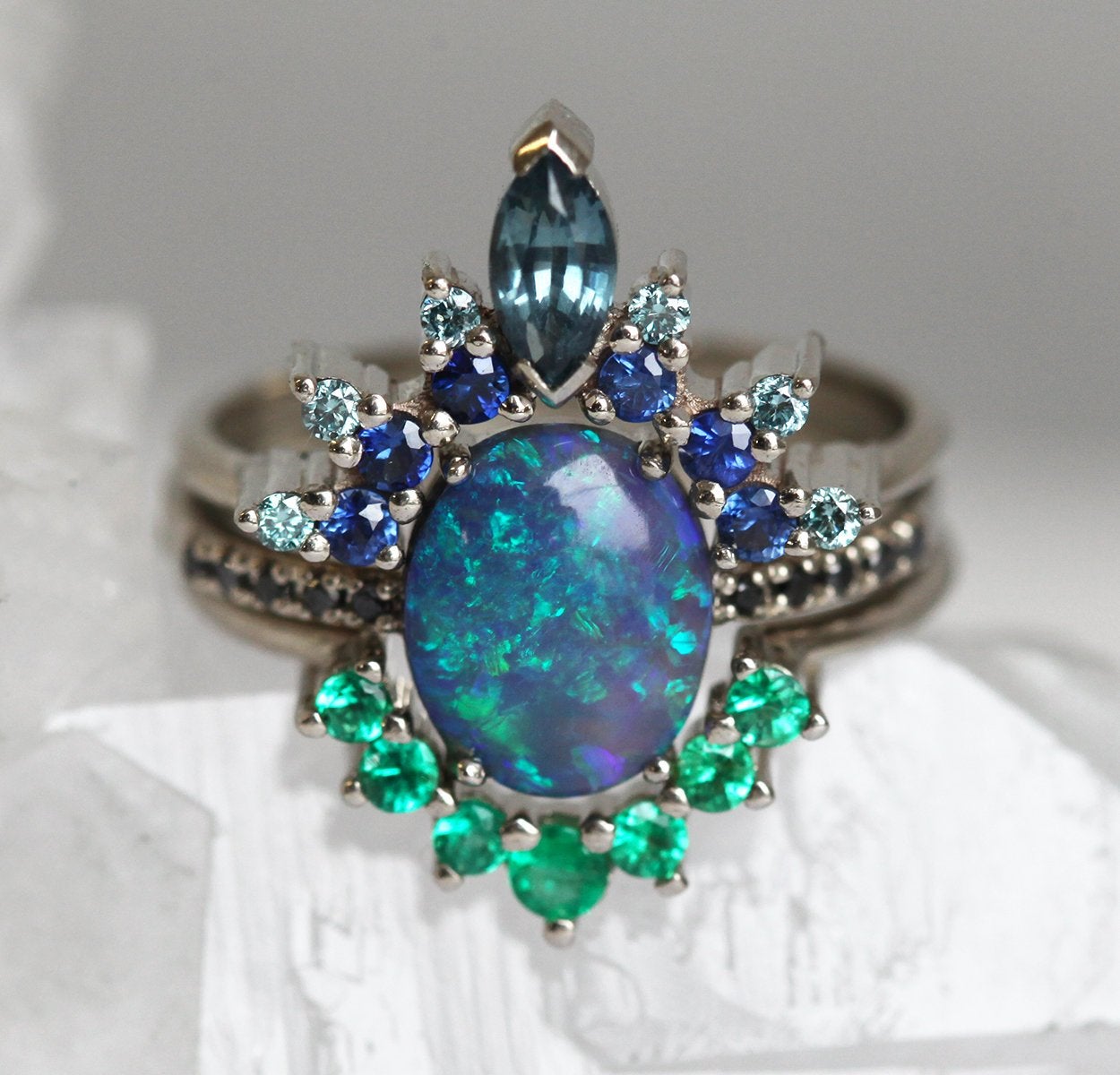 Black Lagoon Oval Opal Engagement Ring Set with Black and White Diamonds, Tourmaline, Emerald and Sapphire Gemstones 