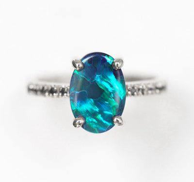 Black Lagoon Oval Opal Ring with Black Round Pave Diamonds