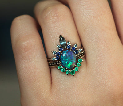 Black Lagoon Oval Opal Engagement Ring Set with Black and White Diamonds, Tourmaline, Emerald and Sapphire Gemstones