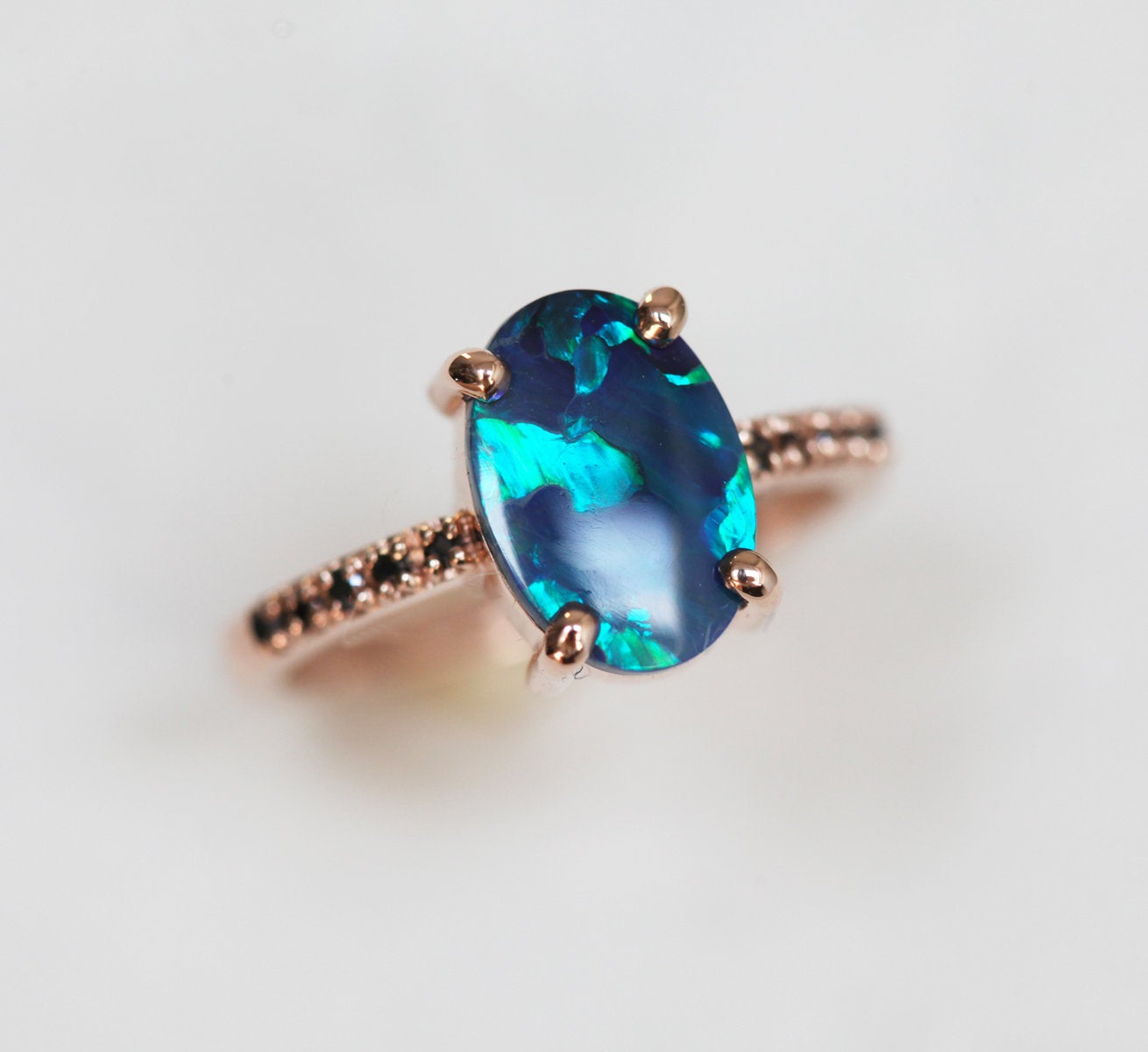 Black Lagoon Oval Opal Ring with Black Round Pave Diamonds