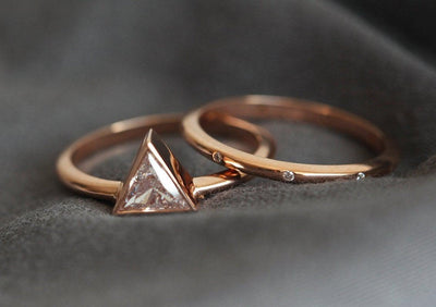 Trillion Cut White Diamond Solitaire Ring with Diamond Wedding Band