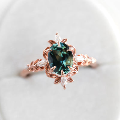 Enya Leaf Teal Sapphire Engagement Ring Whimsical Diamond Ring
