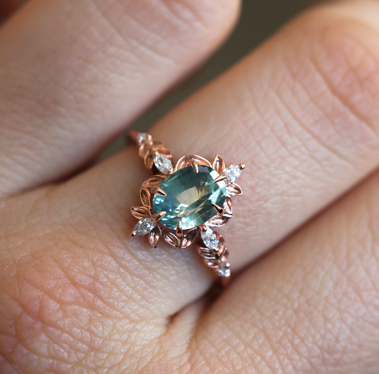 Enya Leaf Teal Sapphire Engagement Ring Whimsical Diamond Ring