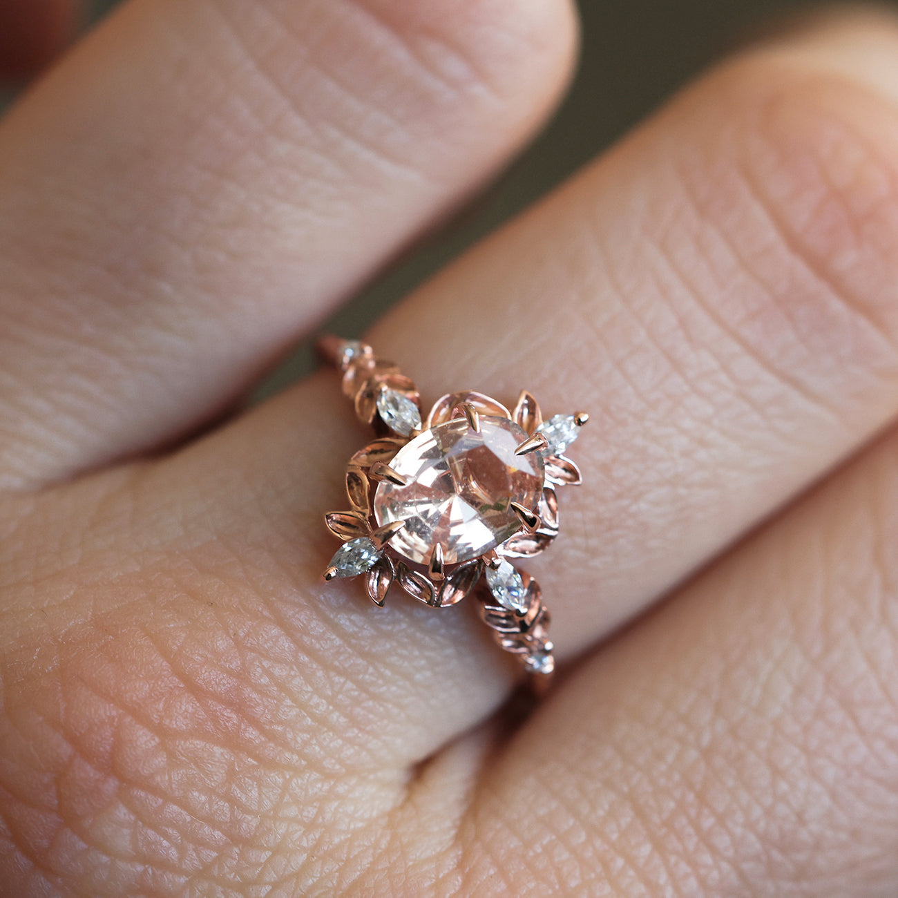 Enya Peach Sapphire Diamond Ring With Leaf Detail