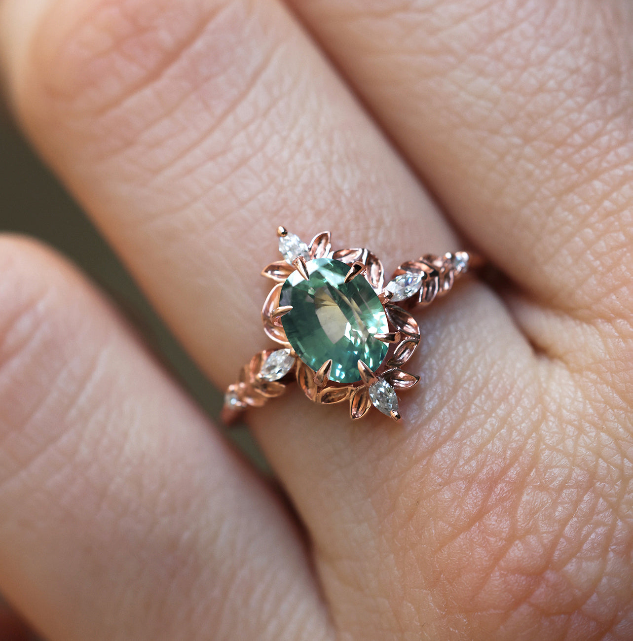 Enya Rainbow Moonstone Leaf Diamond Engagement Ring
