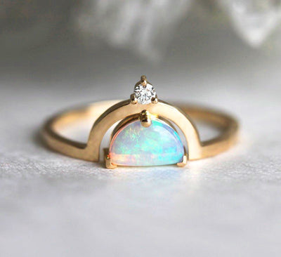 White Half-Moon Opal with Side Round White Diamond