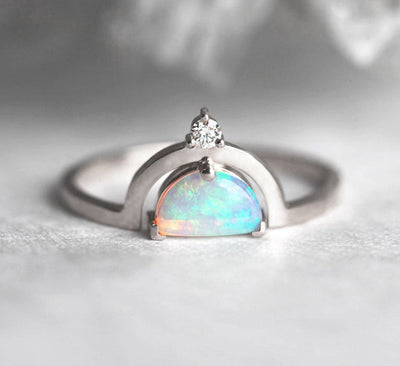 White Half-Moon Opal with Side Round White Diamond