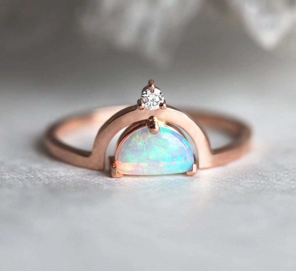 White Half-Moon Opal with Side Round White Diamond