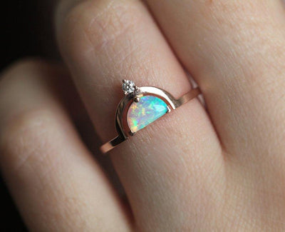 White Half-Moon Opal with Side Round White Diamond