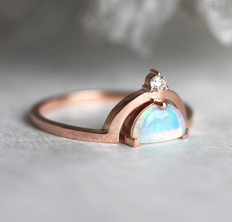 White Half-Moon Opal with Side Round White Diamond