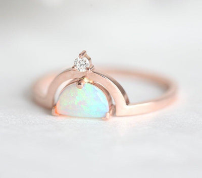 White Half-Moon Opal with Side Round White Diamond