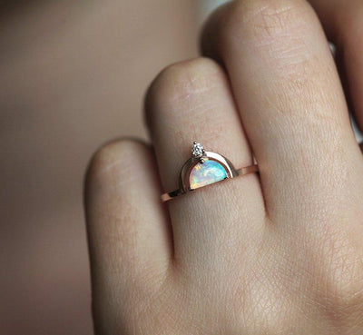 White Half-Moon Opal with Side Round White Diamond