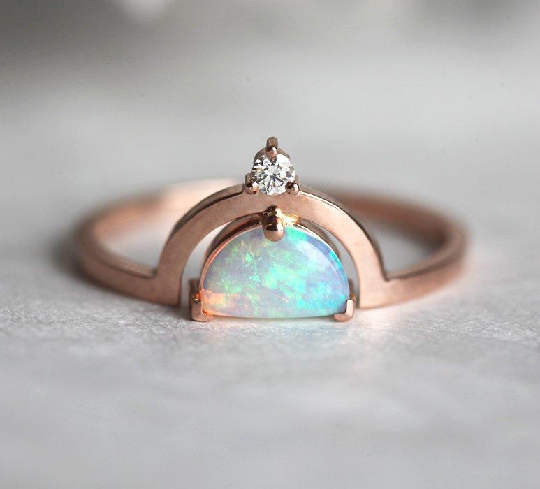 White Half-Moon Opal with Side Round White Diamond