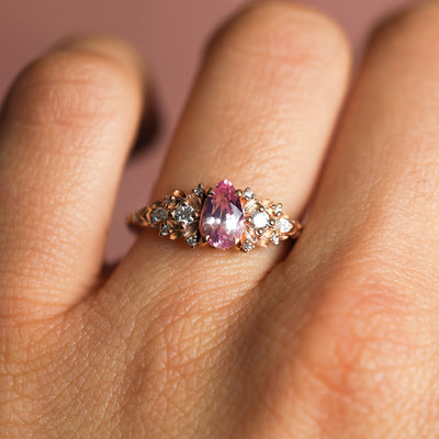 Eryn Padparadscha Sapphire Ring Gold, Elvish Diamond Engagement Ring, Fantasy Ring Whimsical Fairytale Ring 