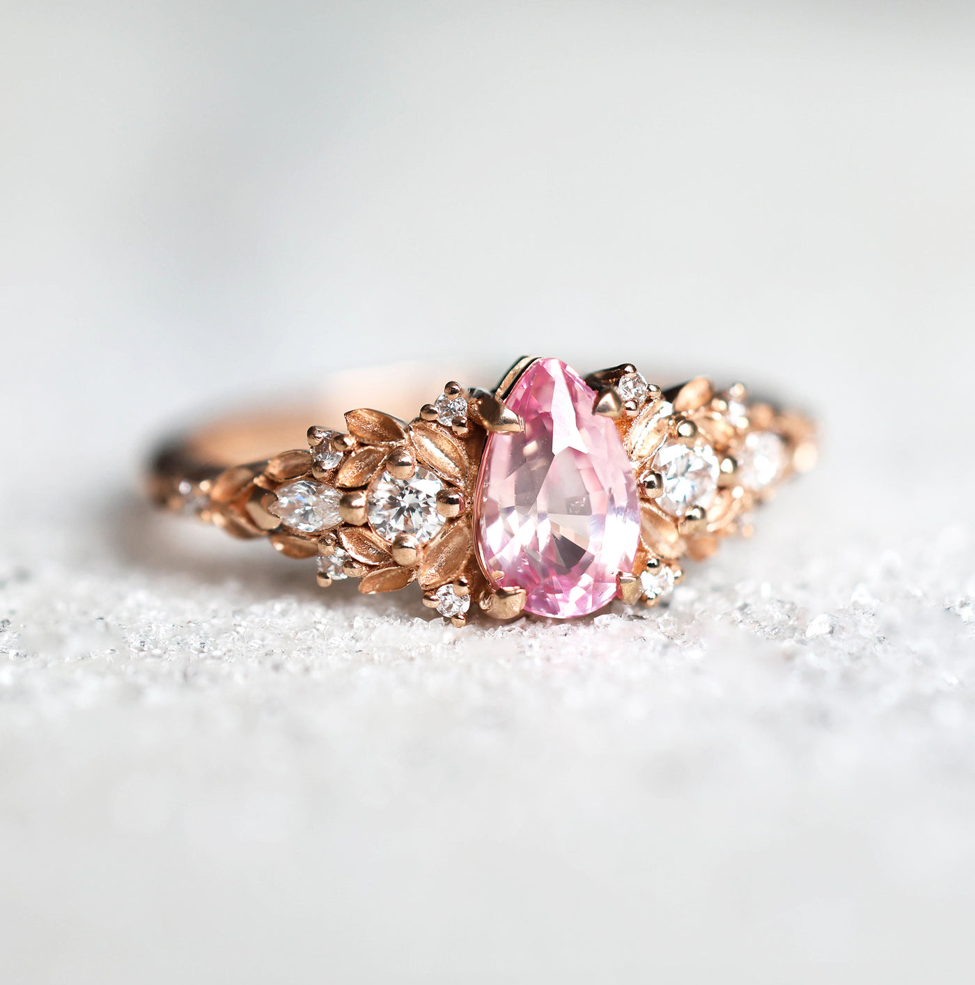 Eryn Padparadscha Sapphire Ring Gold, Elvish Diamond Engagement Ring, Fantasy Ring Whimsical Fairytale Ring 