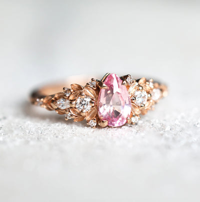 Eryn Padparadscha Sapphire Ring Gold, Elvish Diamond Engagement Ring, Fantasy Ring Whimsical Fairytale Ring 