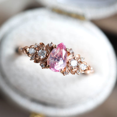 Eryn Padparadscha Sapphire Ring Gold, Elvish Diamond Engagement Ring, Fantasy Ring Whimsical Fairytale Ring 