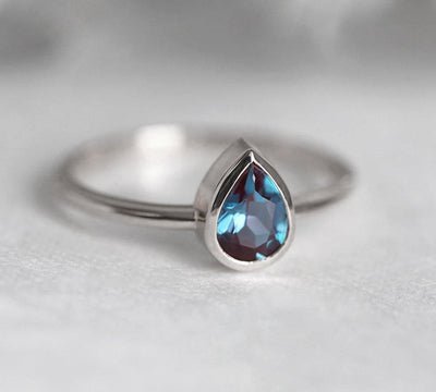 Solitaire Style Band, Teal Pear Alexandrite White Gold Ring