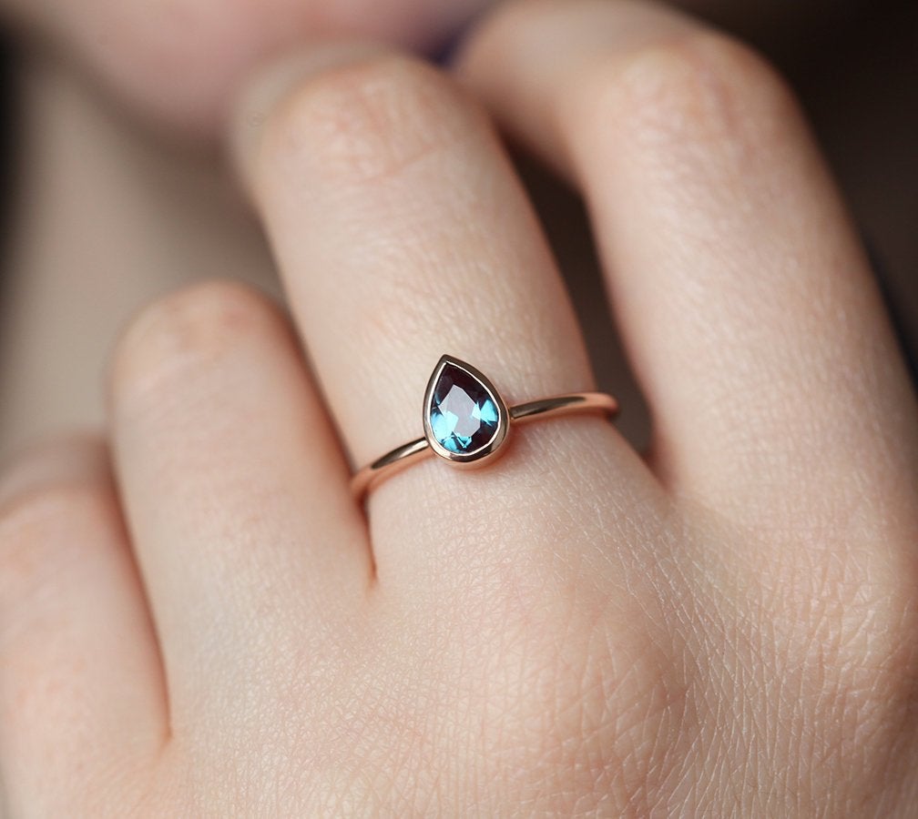 Solitaire Style Band, Teal Pear Alexandrite Rose Gold Ring
