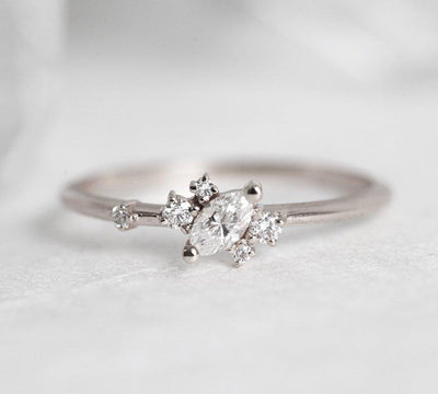 Marquise-Cut White Diamond Ring with Asymmetric Array of Side Diamonds